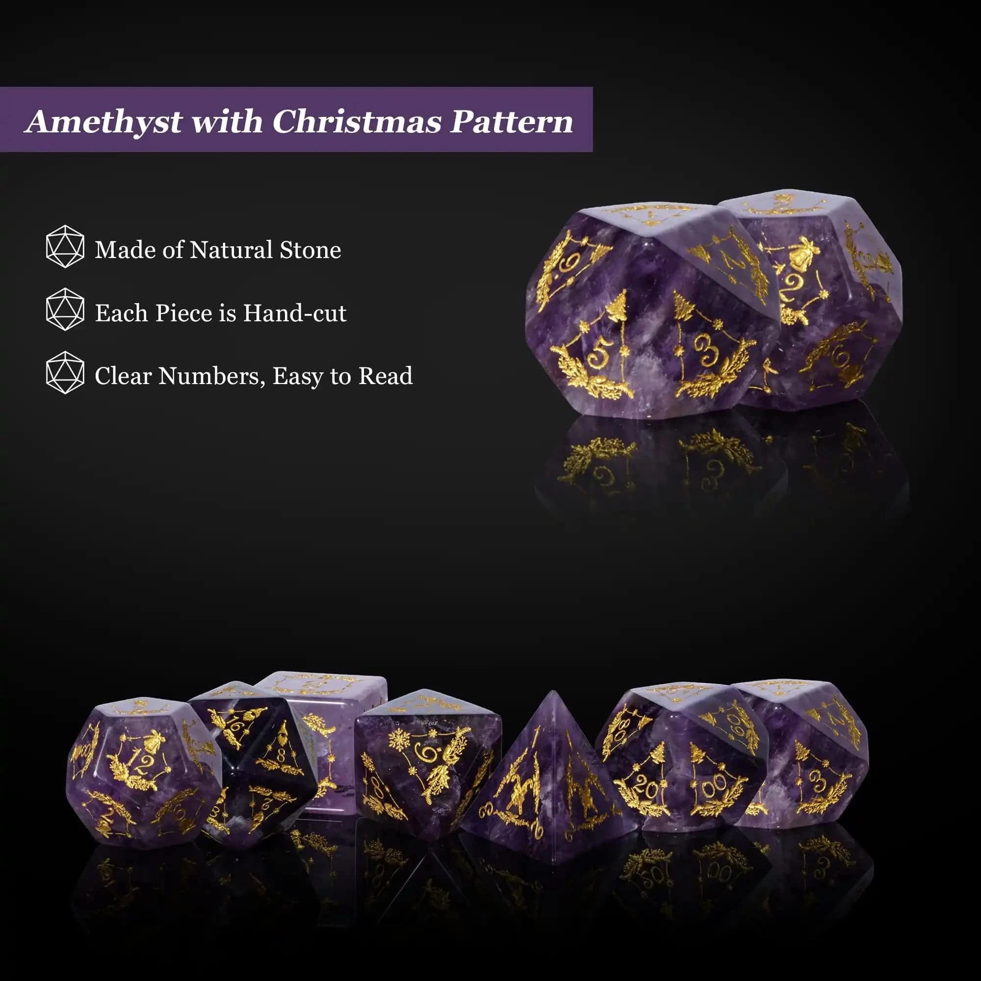 Cusdie Handmade Amethyst Dice 7Pcs 16mm Polyhedral Stone Dice Set with Leather Box Gemstone D&D Dices for Collection RPG - The Adventurer's Chest