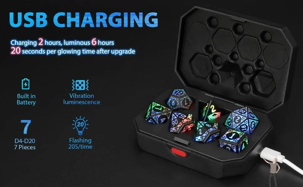 DND Dice Rechargeable with Charging Box, 7 PCS LED Electronic Dices for Tabletop Games D&D Dice 3-Color Glow - The Adventurer's Chest