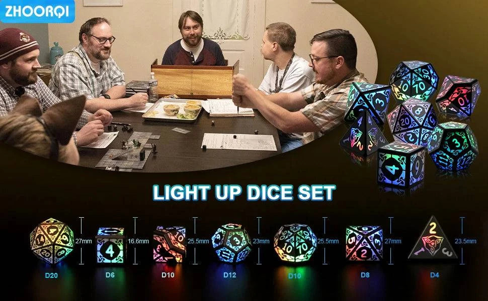 DND Dice Rechargeable with Charging Box, 7 PCS LED Electronic Dices for Tabletop Games D&D Dice 3-Color Glow - The Adventurer's Chest