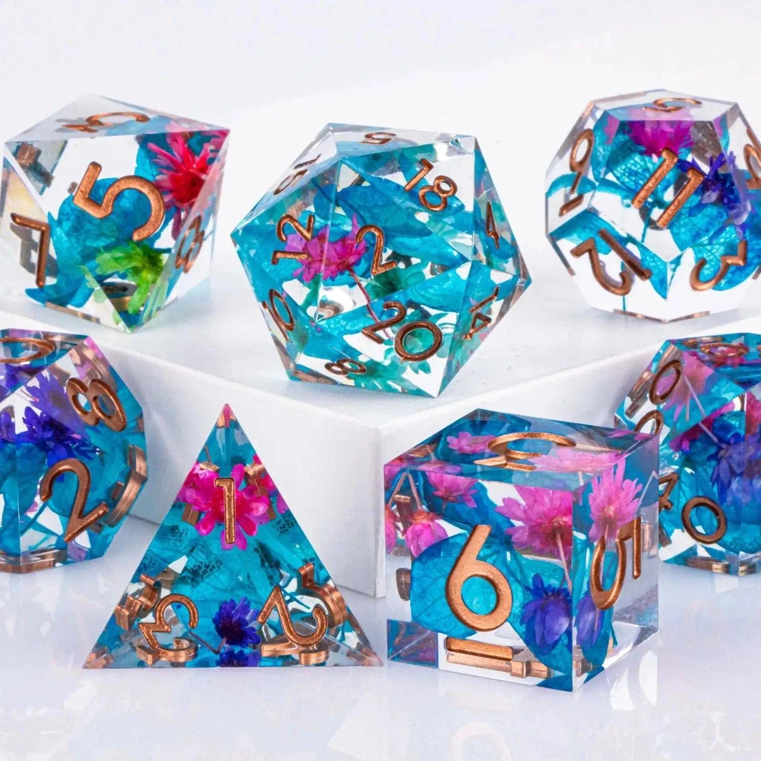 DnD Sharp Egde Flower Resin Dice, Polyhedral Dice Set, Handmade Sharp Edge Dice for Dungeons and Dragons, d and d dice, Dice Set - The Adventurer's Chest