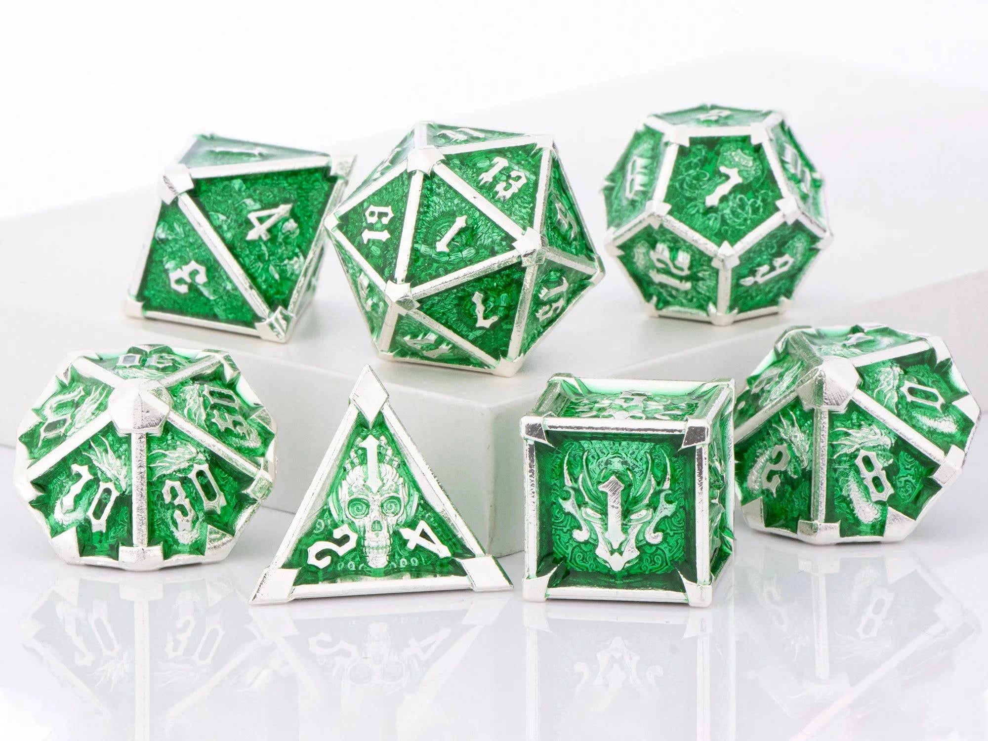 DnD Green Polyhedral Metal Dice Set with Dragon and Skull Designs, Metal D&D Dice for Dungeons and Dragons, d and d dice gifts - The Adventurer's Chest