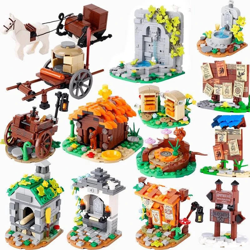 MOC Building Blocks Medieval Town with Bee Farm, Fountain, Bonfire, and Water Wall - Creative Brick Toy Set