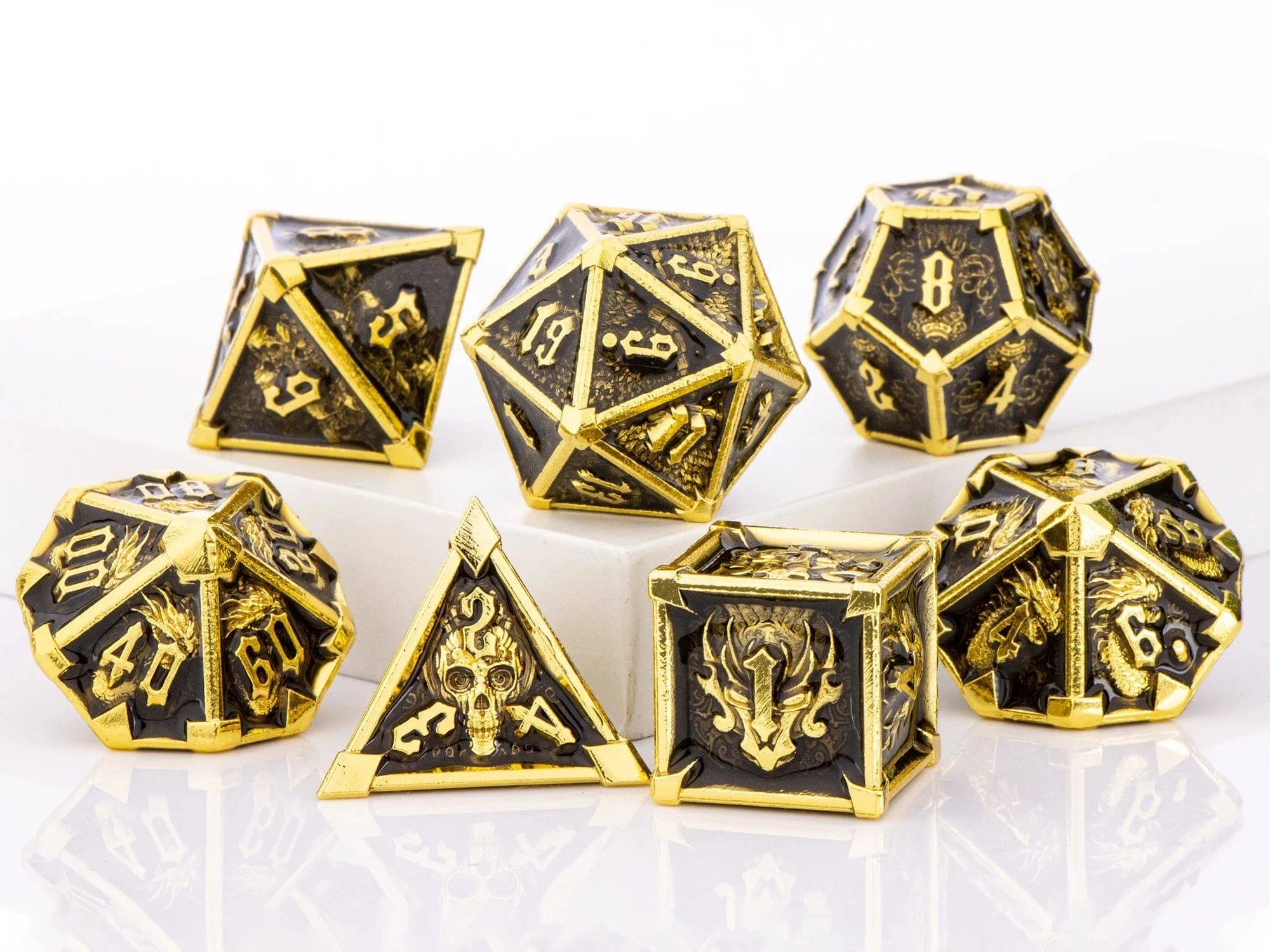 DnD Green Polyhedral Metal Dice Set with Dragon and Skull Designs, Metal D&D Dice for Dungeons and Dragons, d and d dice gifts - The Adventurer's Chest