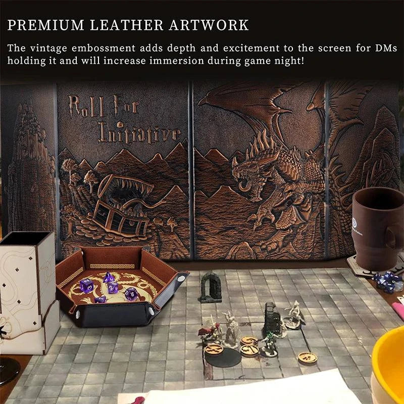 Faux Leather Embossed D&D DM Screen with Dragon & Mimic Art - Four-Panel Design with Pockets for Enhanced Gameplay - The Adventurer's Chest