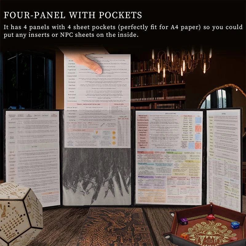 Faux Leather Dungeon Master Screen with Embossed Dragon & Mimic Artistry - Four-Panel DM Screen with Pockets for Dungeons & Dragons