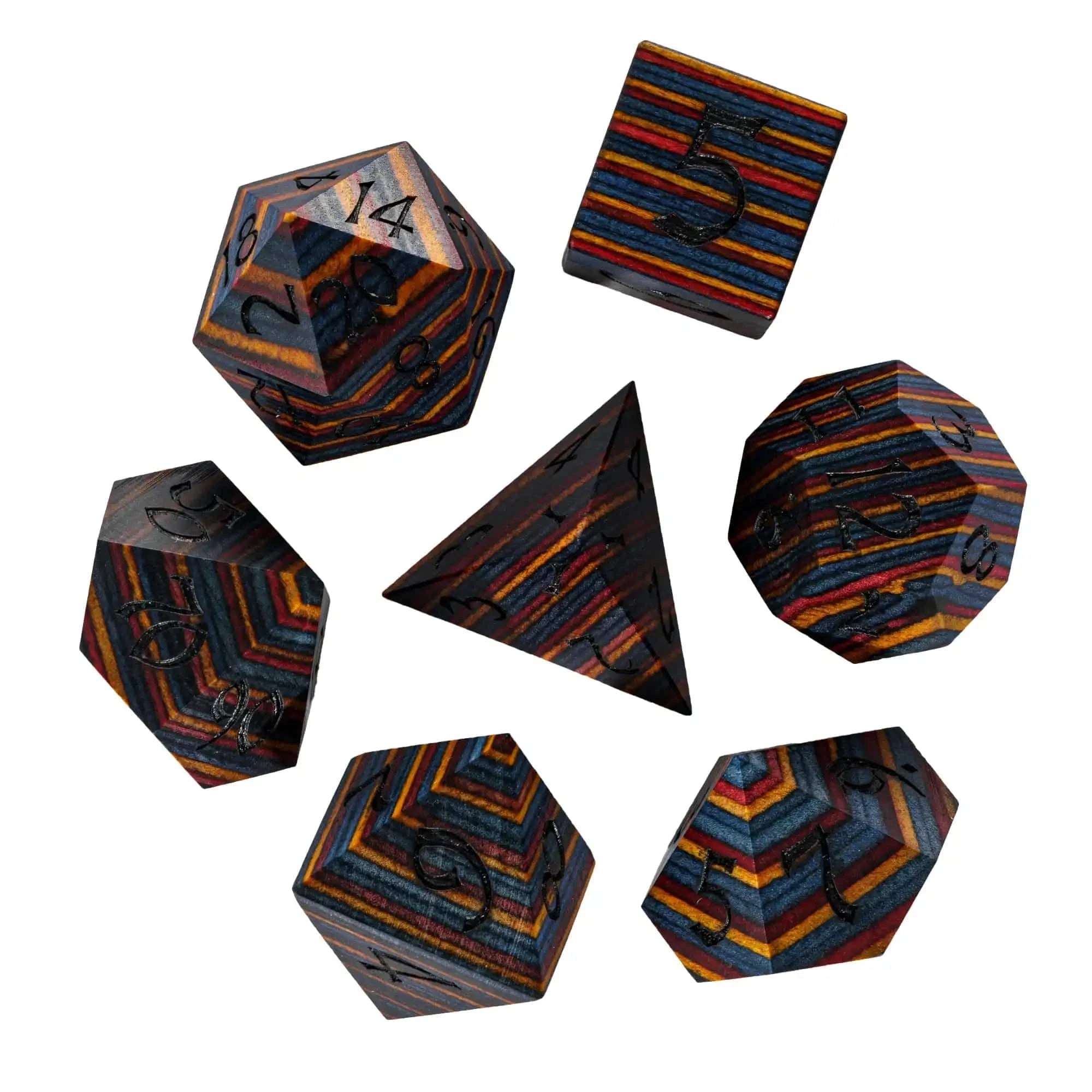 Cusdie DND Wooden Dice Set Unique Stripe D&D Dice 7Pcs D4 D6 D8 D10 D% D12 D20 Polyhedral Games Dice Set for Table Games TRPG - The Adventurer's Chest