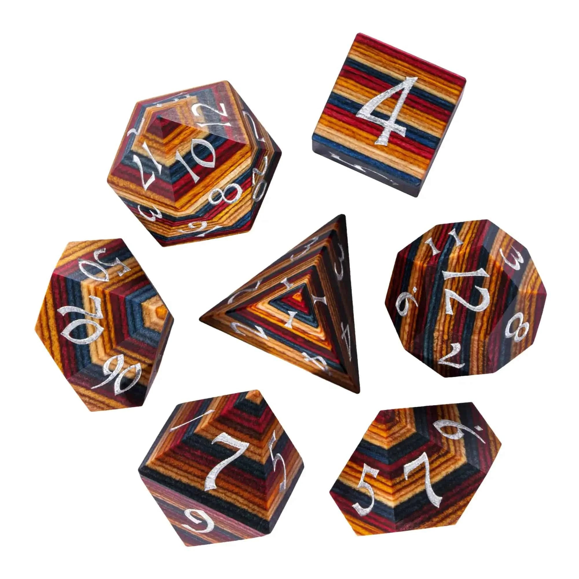 Cusdie DND Wooden Dice Set Unique Stripe D&D Dice 7Pcs D4 D6 D8 D10 D% D12 D20 Polyhedral Games Dice Set for Table Games TRPG - The Adventurer's Chest