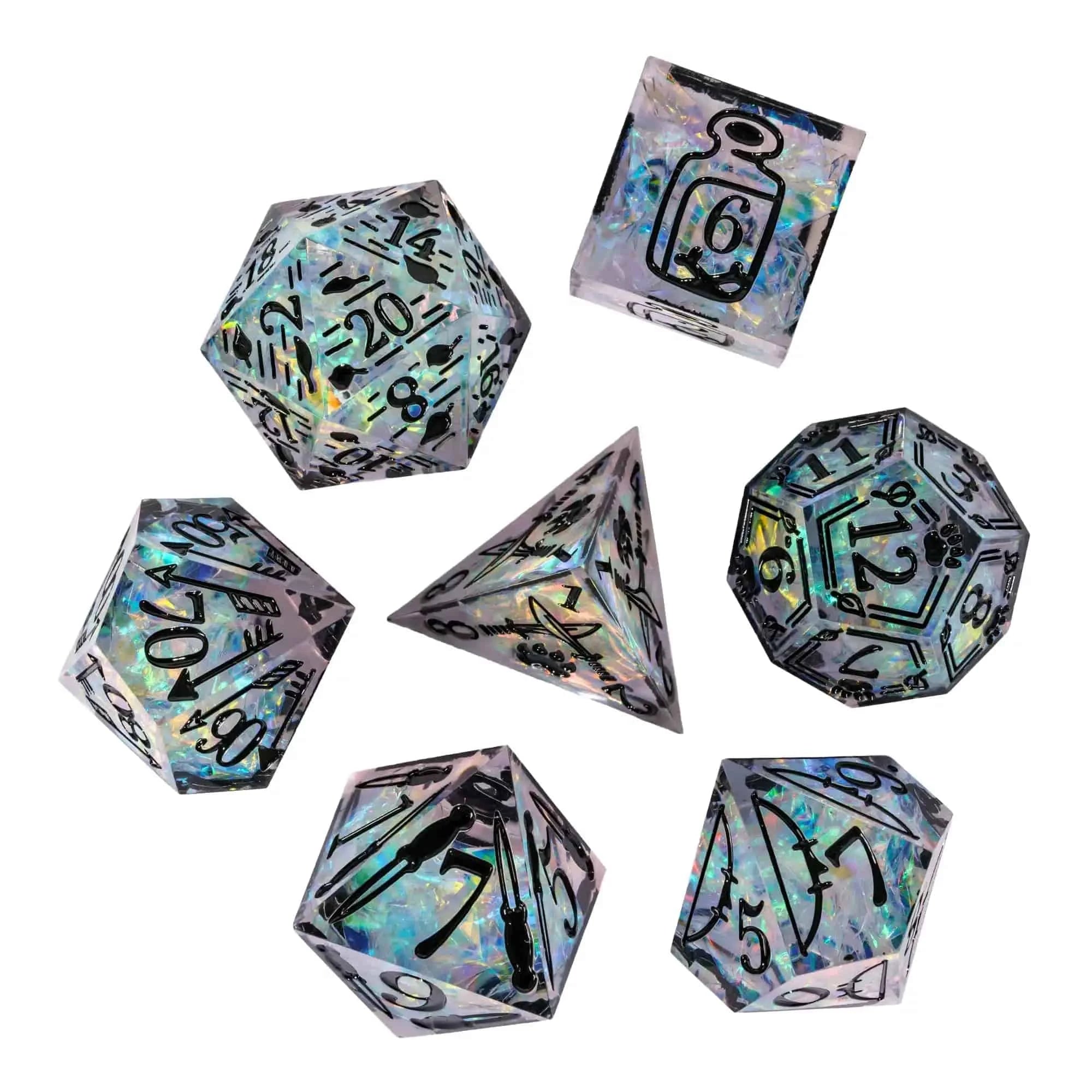 CRITALLIC-Handcrafted Polyhedral Games Dice Set, Sharp Edges, D & D Dice, Ranger Design, Pathfinder Role Playing Game, New, 7Pcs - The Adventurer's Chest