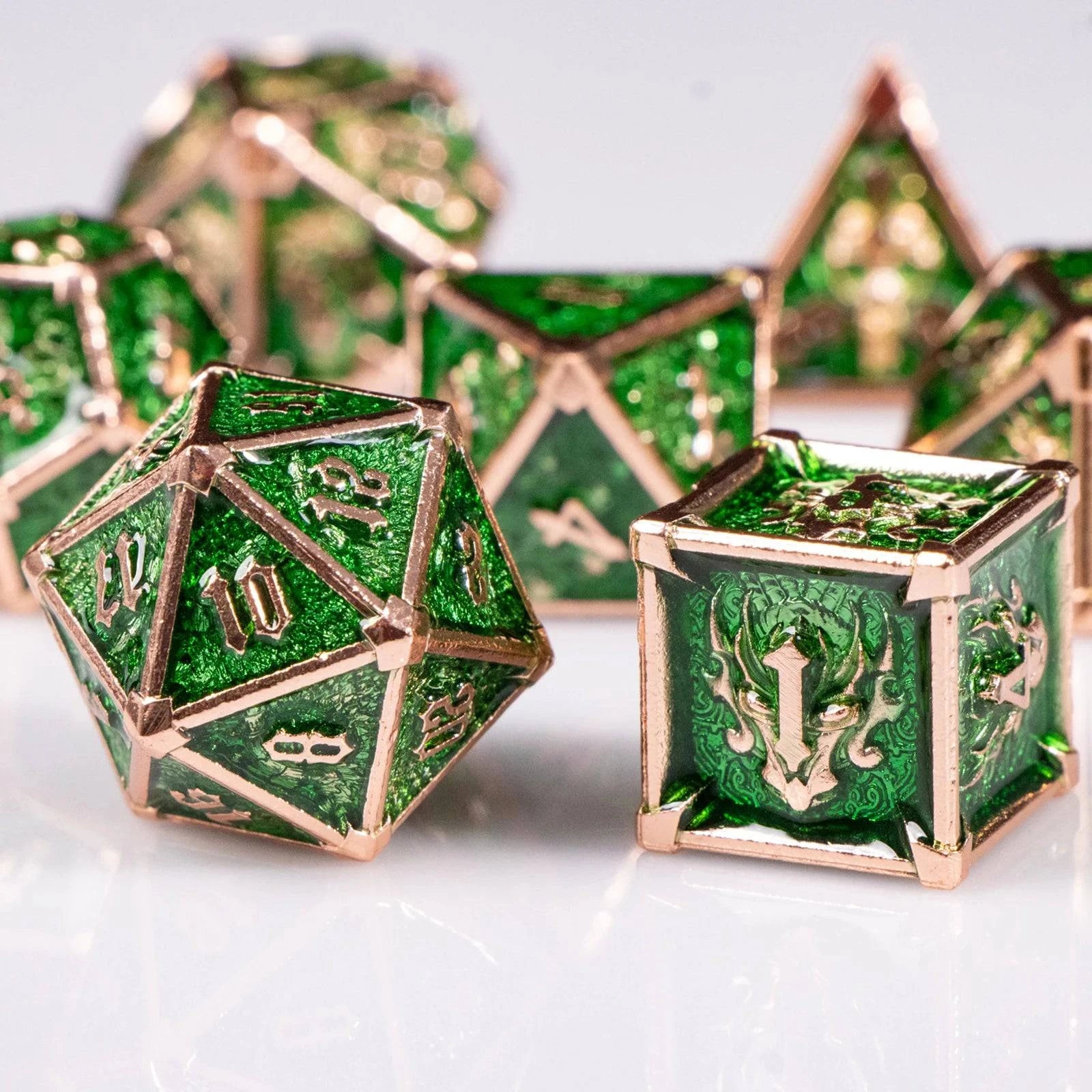 DnD Green Polyhedral Metal Dice Set with Dragon and Skull Designs, Metal D&D Dice for Dungeons and Dragons, d and d dice gifts - The Adventurer's Chest