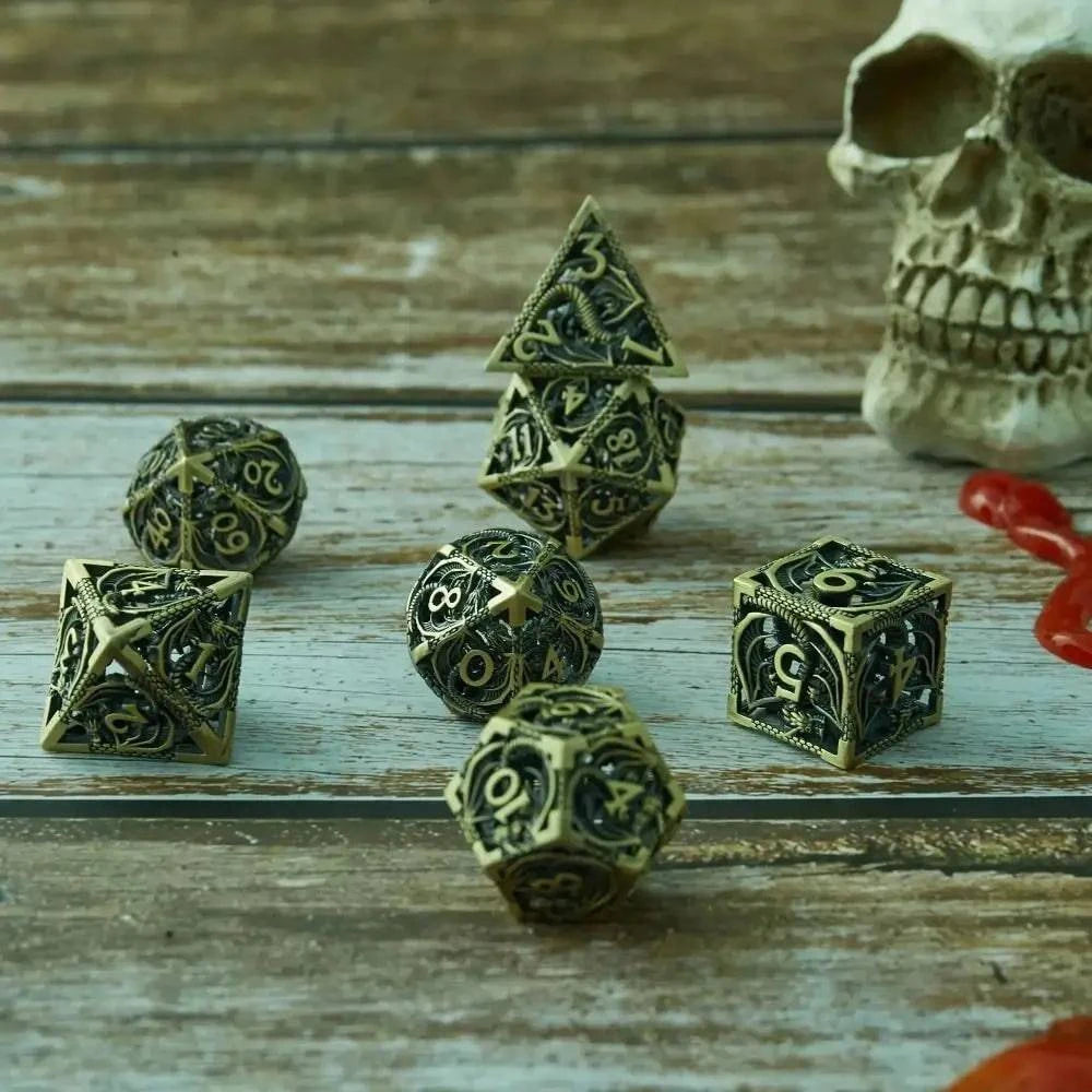 7pcs Hollow Metal Dice Set for DND Octopus Polyhedron Dice for RPG Board Game Pathfinder Metal Dice D4 D6 D8 D0 D% D12 D20 Dice - The Adventurer's Chest