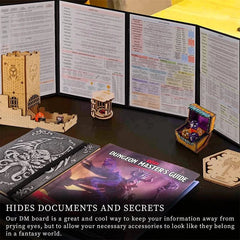 Faux Leather Dungeon Master Screen with Embossed Dragon & Mimic Artistry - Four-Panel DM Screen with Pockets for Dungeons & Dragons